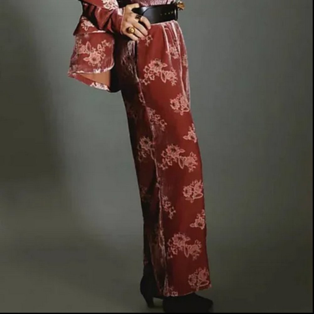 Anthropologie Hutch S Pink Floral Burnout Velvet Wide Leg Pants